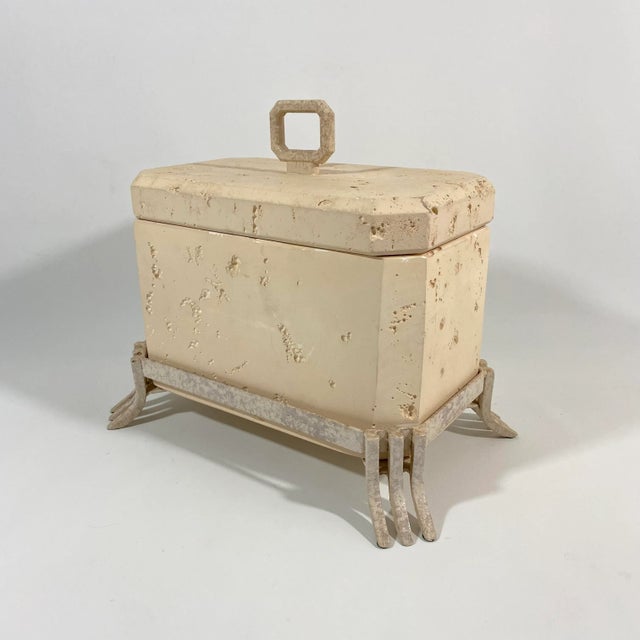 Haeger Postmodern Faux Travertine Ceramic Box With Metal Stand and Handle For Sale - Image 4 of 13