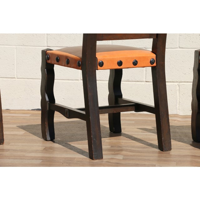 Set of 6 Spanish Revival Carved Wood & Tan Leather Dining Chairs For Sale - Image 10 of 18
