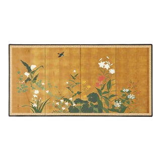 Japanese Showa Four Panel Screen Songbird Spring Flowers For Sale