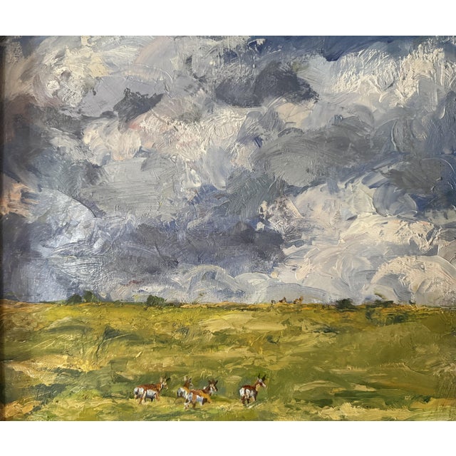 Contemporary "Storm Rolling In" ~ Lorie Batson, Original Oil Painting. A Quiet Prairie Scene That Captures Prong Horn Grazing Under a Dramatic Colorado Sky. For Sale - Image 3 of 8