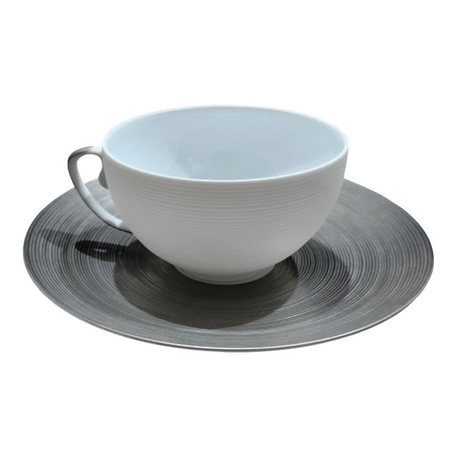 J. L. Coquet Limoges Hemisphere Platinum Matt Tea Cup & Saucer Set 1 of 10 For Sale
