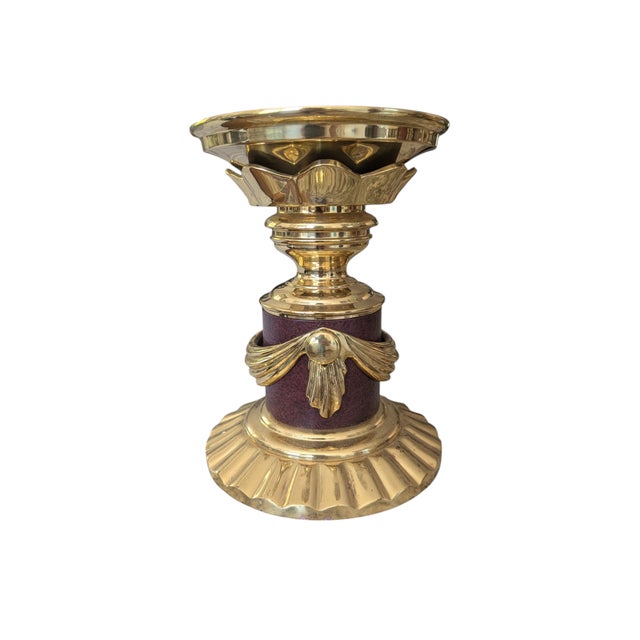 Vintage Solid Brass Swag Tassel Altar Pillar Candle Holder For Sale - Image 10 of 12