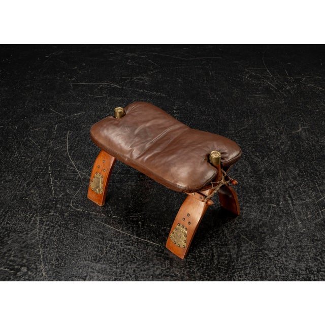 Brown Moroccan Camel Saddle Stool in Stained Wood with Brass and Leather, 1980s For Sale - Image 8 of 18