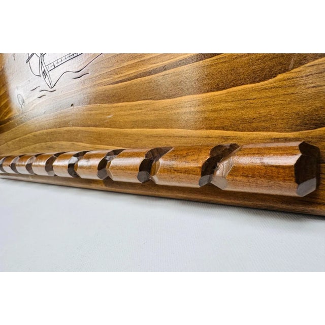 Wood Vintage Handcrafted Wood Bar Tray With Pyrography Sailing Ship For Sale - Image 7 of 8