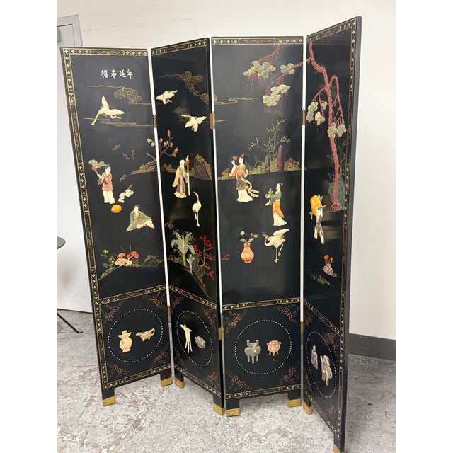 Mid 20th Century Chinese Black Lacquer Four-Panel Folding Screen + Soapstone Inlay, Vintage For Sale - Image 5 of 12