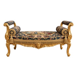 French-Style Rococo Settee – Floral Damask Upholstery, Ornate Gold Leaf Frame & Tassel Trim For Sale