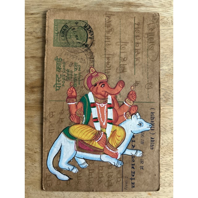 Mid 20th Century Mid 20th Century Vintage Indian Ganesha Hand Painted Rajasthani Paper Postcard For Sale - Image 5 of 8