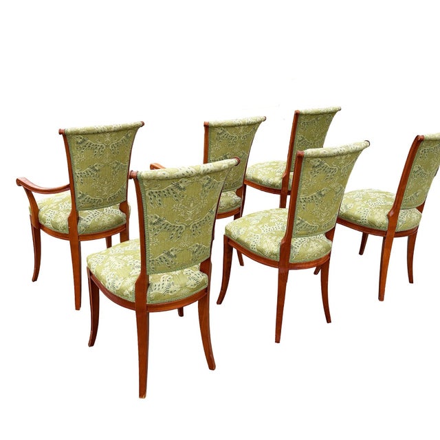 1990s Empire Style Italian "Milano" Mahogany Dining Chairs W/ Damask Jacquard Fabric For Sale - Image 4 of 13