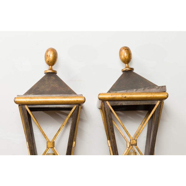 Mid 20th Century Mid 20th Century French Mid Century Modern Gilt Iron Wall Mounted Lanterns with Single Lights - a Pair For Sale - Image 5 of 9
