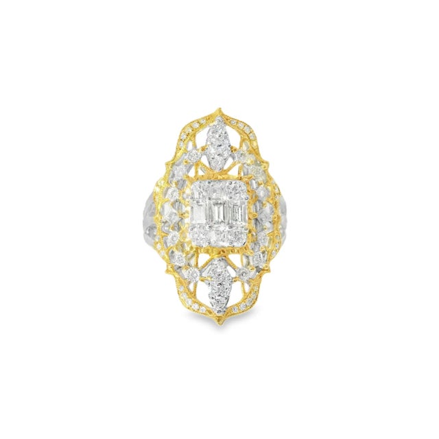 18K two-tone gold filigree ring featuring round and emerald-cut diamonds totaling 1.25 carats. Size 6.5, weighs 8.4 grams....