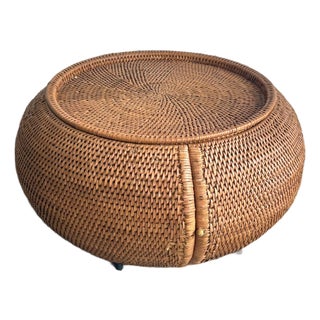 1950s-60s Midcentury Wicker Sphere Coffee Table / Storage Ottoman For Sale