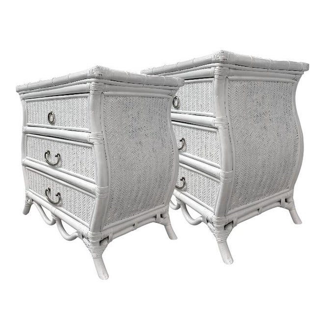 Traditional Vintage Bombay-Style Rattan 3-Drawer Chests – A Pair For Sale - Image 3 of 10