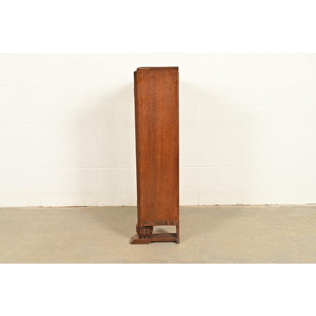 Antique English Art Deco Carved Oak Bookcase or Display Cabinet, Circa 1930s For Sale - Image 11 of 13
