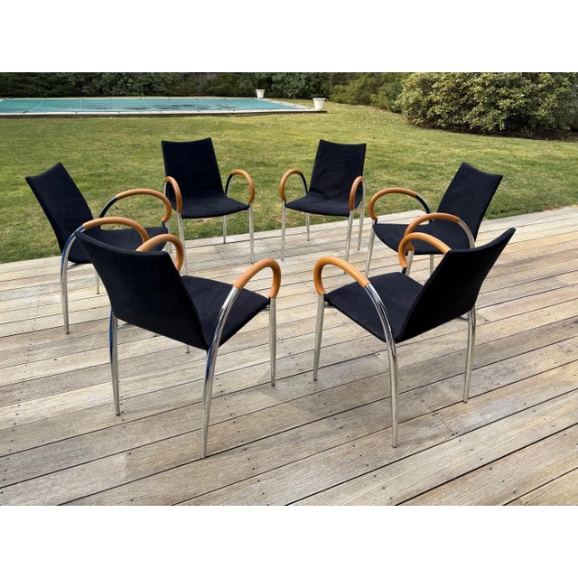 Wood Set of 6 Mid Century Chrome and Wood Dining Chairs For Sale - Image 7 of 18