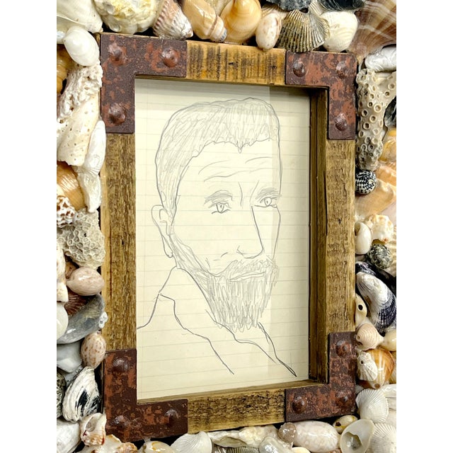 Vintage 1960's Portrait Sketch of Michelangelo in Coquillage Frame For Sale - Image 4 of 12