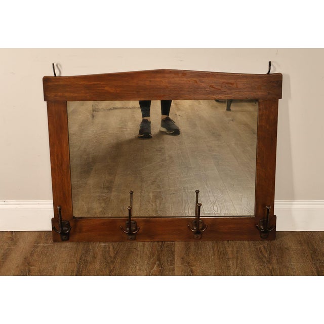 Mission Gustav Stickley Antique Mission Oak Wall Mirror With Coat Hooks #66 For Sale - Image 3 of 18