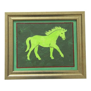 Horse Folk Art English Traditional Minimalism Green Original Oil Painting by Cleo Plowden For Sale
