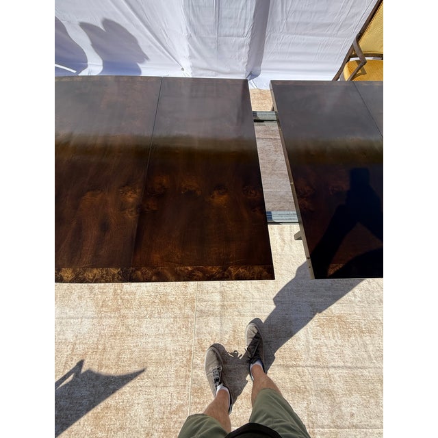Mid 20th Century Hollywood Regency Burlwood Table 72 Inch With 2 X 20 Inch Leaf Extensions For Sale - Image 12 of 12