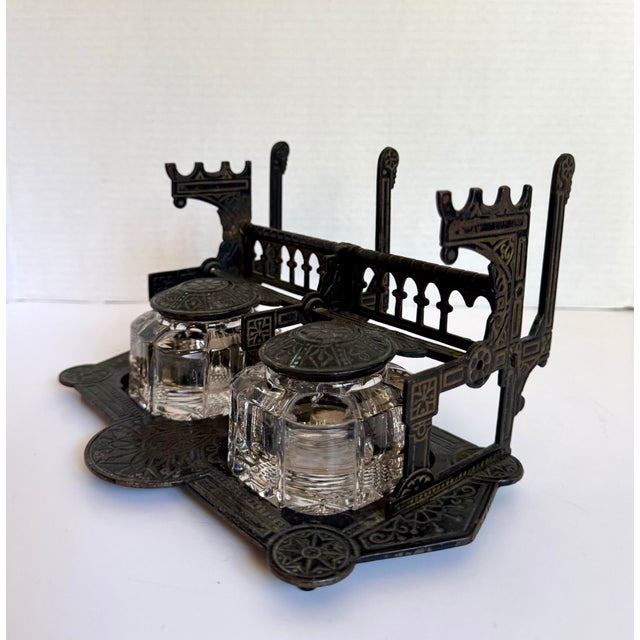 Antique 1879 Patent Double Inkwell With Cast Metal Stand, Pen Rests and Crystal Glass Ink Pots For Sale - Image 12 of 15