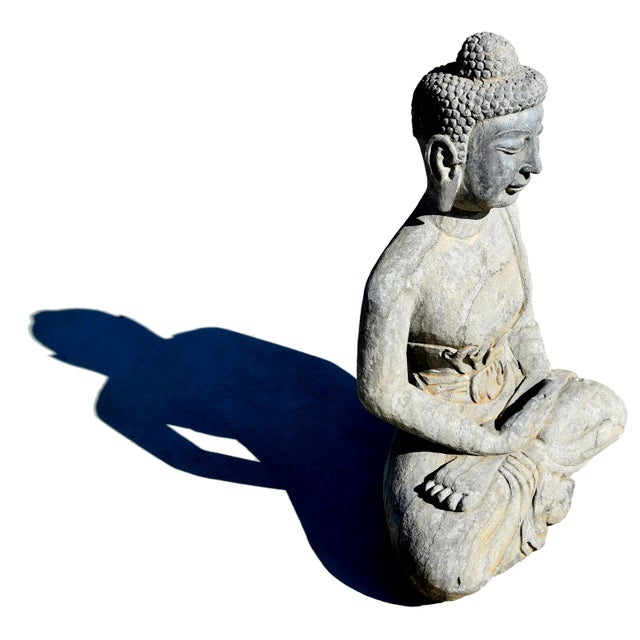 Stone Gray Antique Stone Buddha Statue Hand Carved 19th Century Tang Style For Sale - Image 8 of 17