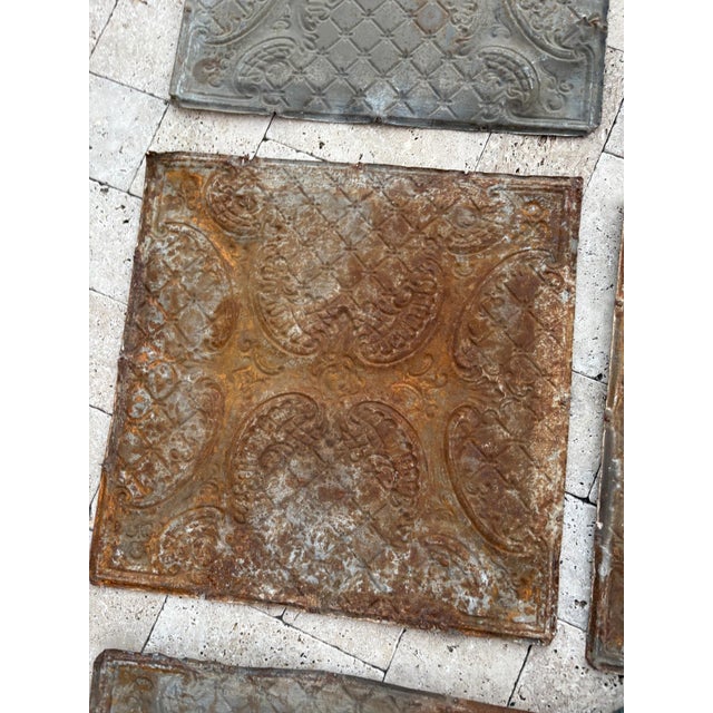 Salvage Tin Ceiling Tiles – Ornate Scroll & Diamond Lattice Design – Original Architectural Victorian Antique For Sale - Image 11 of 12