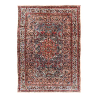 Antique Kerman Rug With Soft Blue Field, Rose Red Medallion and Floral Design 5'10 X 8'6 For Sale