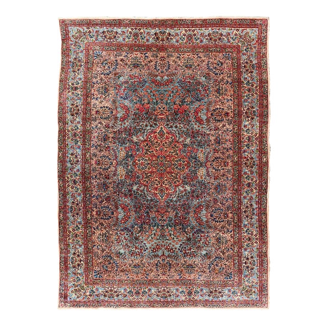 Antique Kerman Rug With Soft Blue Field, Rose Red Medallion and Floral Design 5'10 X 8'6 For Sale
