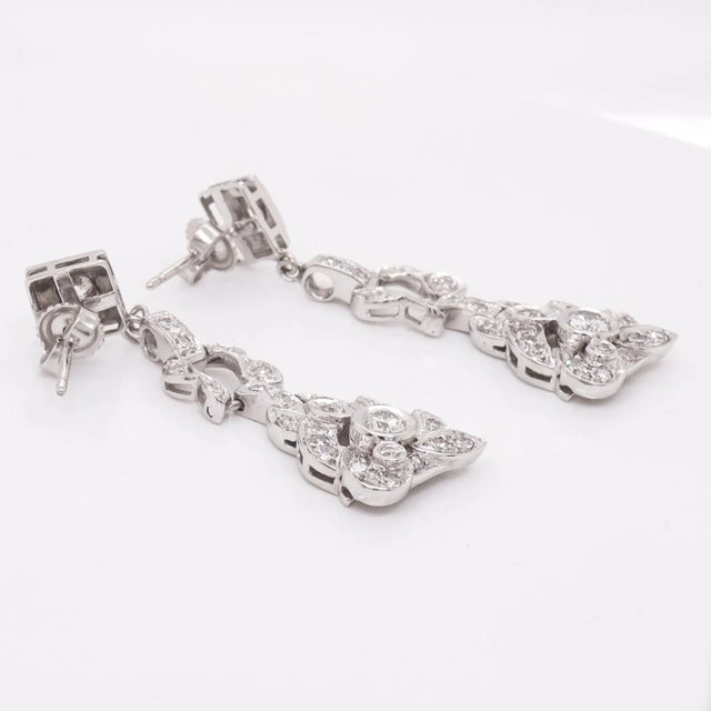Silver Pair of Art Deco 14k White Gold & Natural Diamond Drop Earrings For Sale - Image 8 of 9