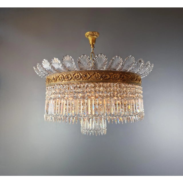 Art Deco 1930s Art Nouveau Big Leaf Plafonnier Crystal Brass Lustre Chandelier For Sale - Image 3 of 11