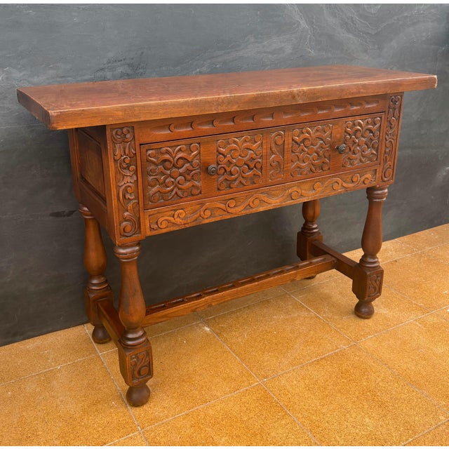 1940s Spanish Renaissance Low Console Table with Carved Front and Single Drawer For Sale - Image 6 of 13