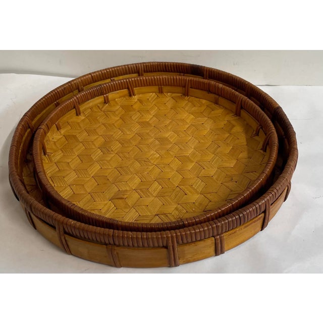 Brown Vintage Round Woven Nesting Trays Baskets - Set of Two For Sale - Image 8 of 8
