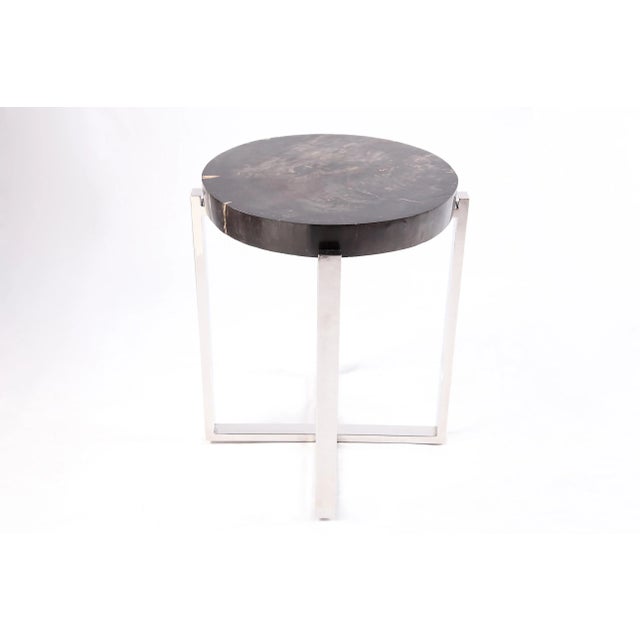 Round Petrified Wood Top W Stainless Steel Stand Accent Table or Side Table 72 For Sale - Image 4 of 5