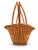 A charming vintage wicker gathering basket with a warm honey color, a gently shaped rim, and a tall handle finished with...