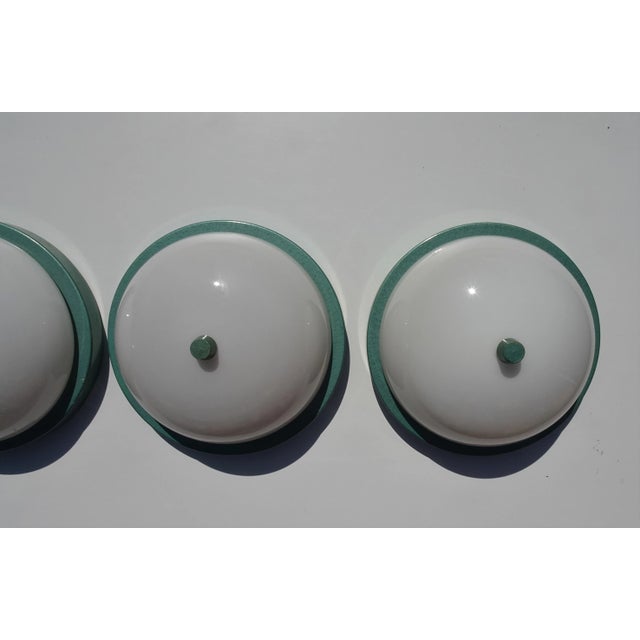 Industrial Metalic Green Lacquered Ceiling Lamp in White Opaline Glass, 1940s For Sale - Image 9 of 12