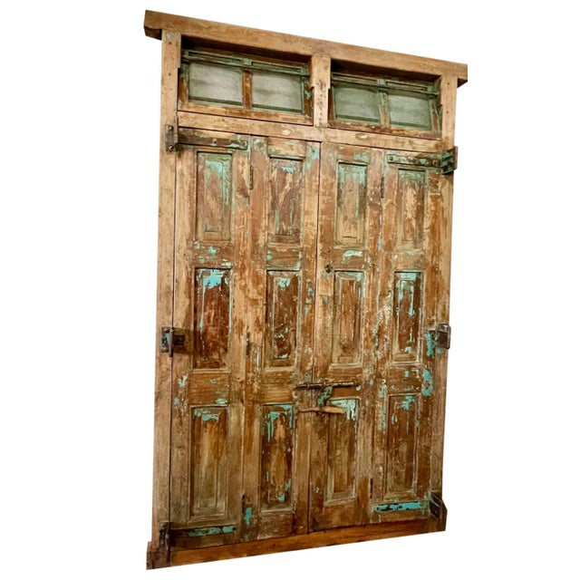 Antique Rustic Carved Exterior Teak Double Hinged Doors, Colonial Plantation Architecture For Sale In Orlando - Image 6 of 13