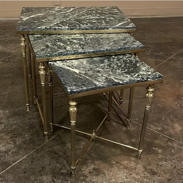 Set of 3 Mid-Century Neoclassical Brass & Marble Nesting Tables For Sale In Dallas - Image 6 of 13