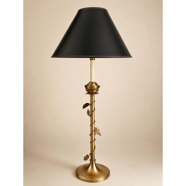 Vintage Brass Rose Table Lamp Twisted Vine Black Tole Shade Hollywood Regency For Sale - Image 12 of 12