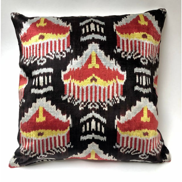 Contemporary Dark Brown & Rusty Red Silk Velvet Ikat Pillow For Sale - Image 3 of 3