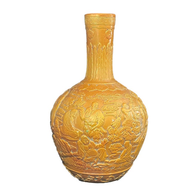 Amber Famille Jaune Style Onion Shape Porcelain Vase W/Buddhas For Sale - Image 8 of 8