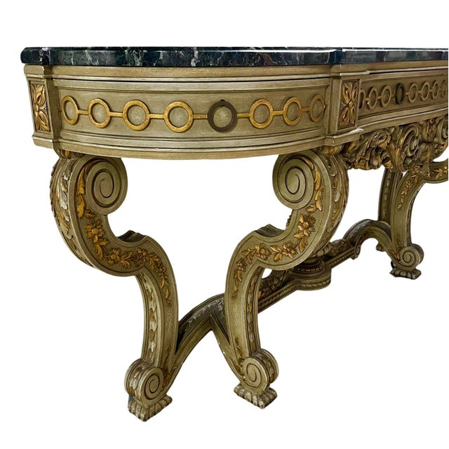 1960s Italian Gilt Console With Carved Details & Dramatic Marble Top For Sale - Image 4 of 12