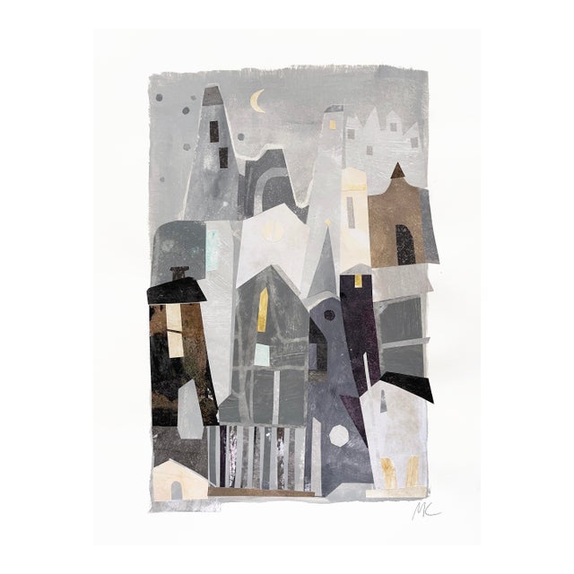 City Night - Original Gray Urban Architectural Mixed Media Collage on Paper by Maria C. Bernhardsson For Sale