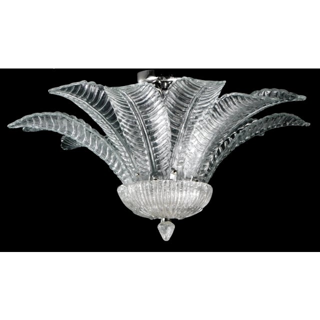 Italian flush mount with clear hand blown Murano Felci fern glass leaves in the style of Barovier, mounted on chrome...