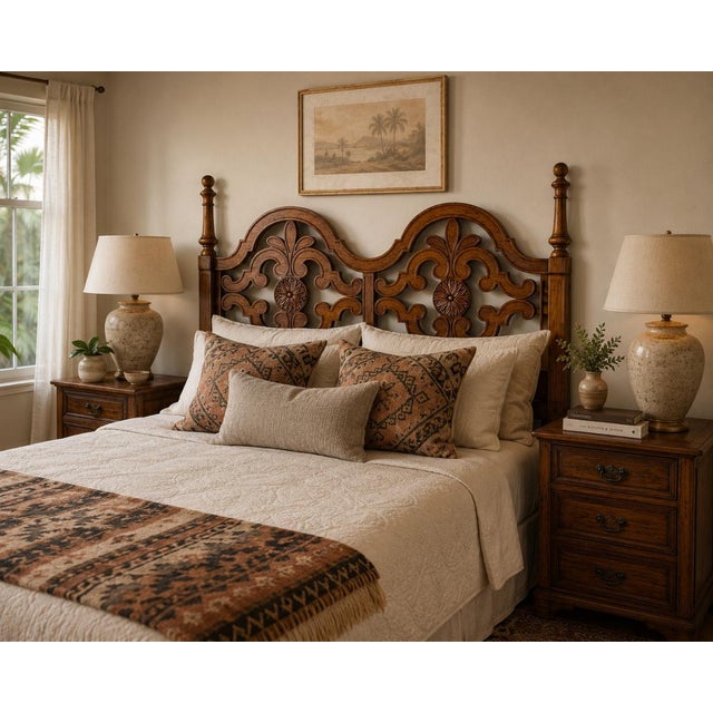 Striking vintage Queen-size headboard by Thomasville, attributed to the Valverde or Segovia collection. Crafted of solid...