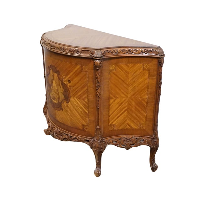 Vintage Antique Banded Walnut French Louis XV Rococo Style 42" Carved Console W. Pastoral Inlay For Sale - Image 4 of 11
