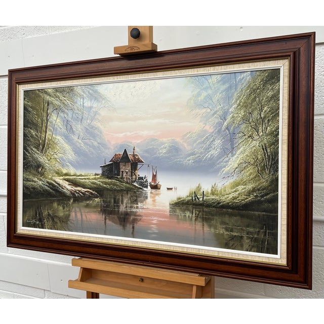 River Landscape with Water Mill in England with Lush Trees by British Artist 1976 For Sale - Image 11 of 16