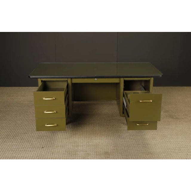 Metal Mid-Century Modern Steel Tanker Desk in Olive Green W Glass Top and Brass, 1960s For Sale - Image 7 of 18