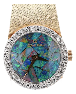 Omega 23mm Fire Black Opal Dial & Diamond Bezel in 14k Yellow Gold Vintage Watch