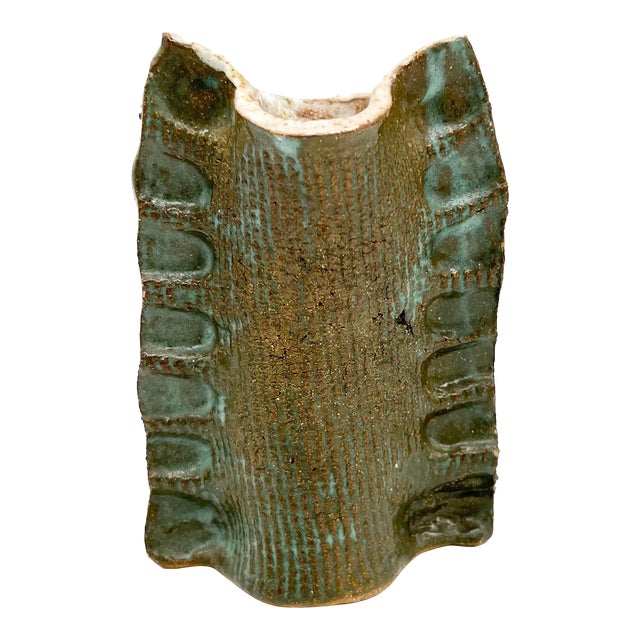 Vintage Aqua Blue Sculptural Ruffled Ceramic Studio Pottery Vase For Sale