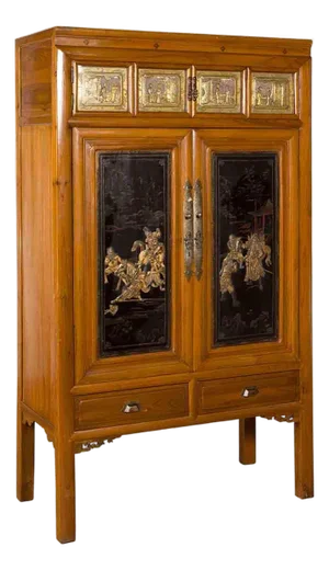 Chinese Early 20th Century Lacquered Armoire With Gilt Carved Warrior Motifs