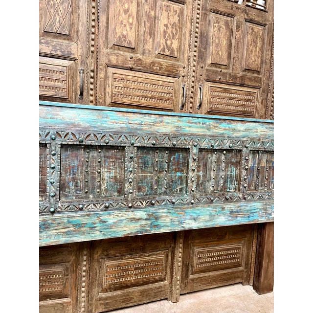Mid-Century Modern Vintage Indian Door Headboard King Size | Distressed Blue Carved Wood Statement Headboard For Sale - Image 3 of 4